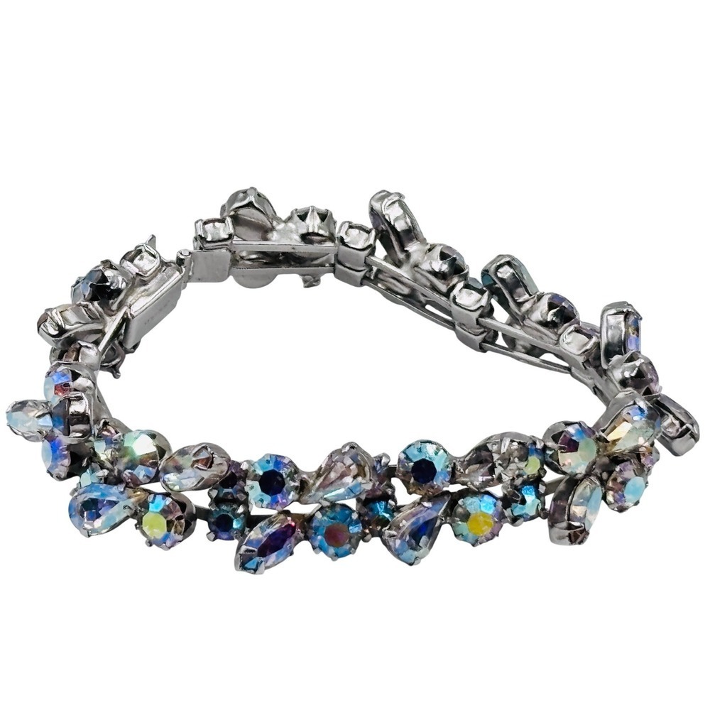 Vintage Weiss Aurora Borealis Rhinestone Bracelet Silver Tone Safety Chain 7in